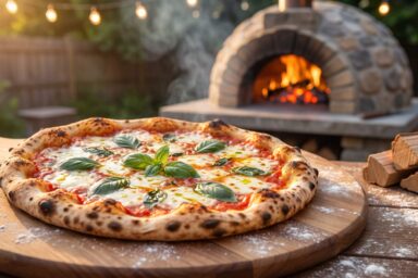 Wood-fired thin crust pizza with blistered crust, mozzarella, and fresh basil coming from a backyard pizza oven