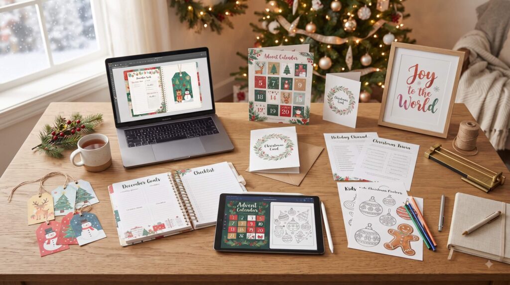 Holiday digital product ideas for Etsy including Christmas printables, planners, cards, and activity packs