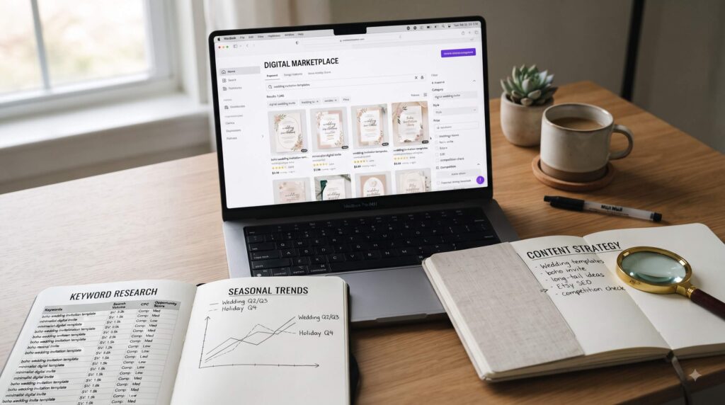 Laptop displaying keyword research, competitor listings and analytics for finding profitable Canva template niches.