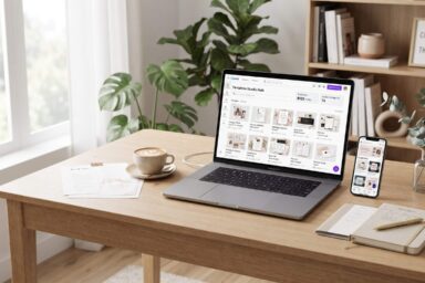 Woman-free home office workspace showing Canva templates on a laptop, digital products, and business mockups for making $100 a day.