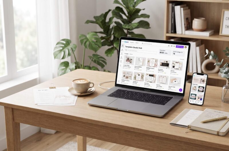 Woman-free home office workspace showing Canva templates on a laptop, digital products, and business mockups for making $100 a day.