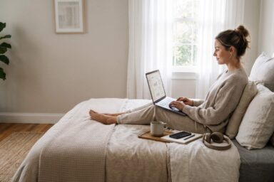 Person working remotely on a laptop from a comfortable bedroom while exploring high-paying remote careers.