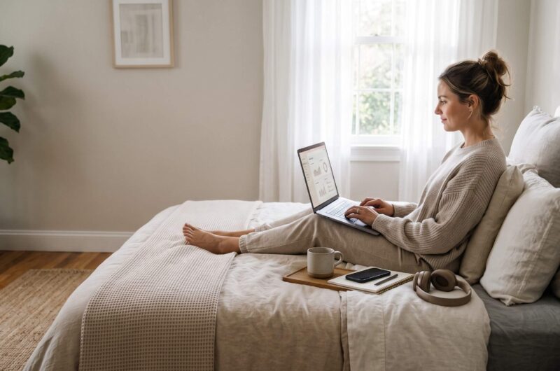 Person working remotely on a laptop from a comfortable bedroom while exploring high-paying remote careers.